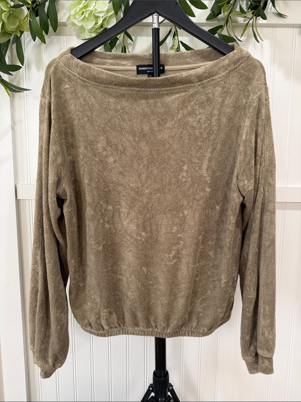 #925 GENERATION LOVE Alyssa Taupe Tan Plush Boatneck Terry Sweatshirt